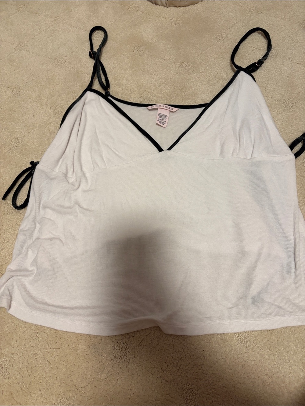 New Victoria’s Secret White Super Soft Tank w/ Side Tie Black Velvet Trim XXL